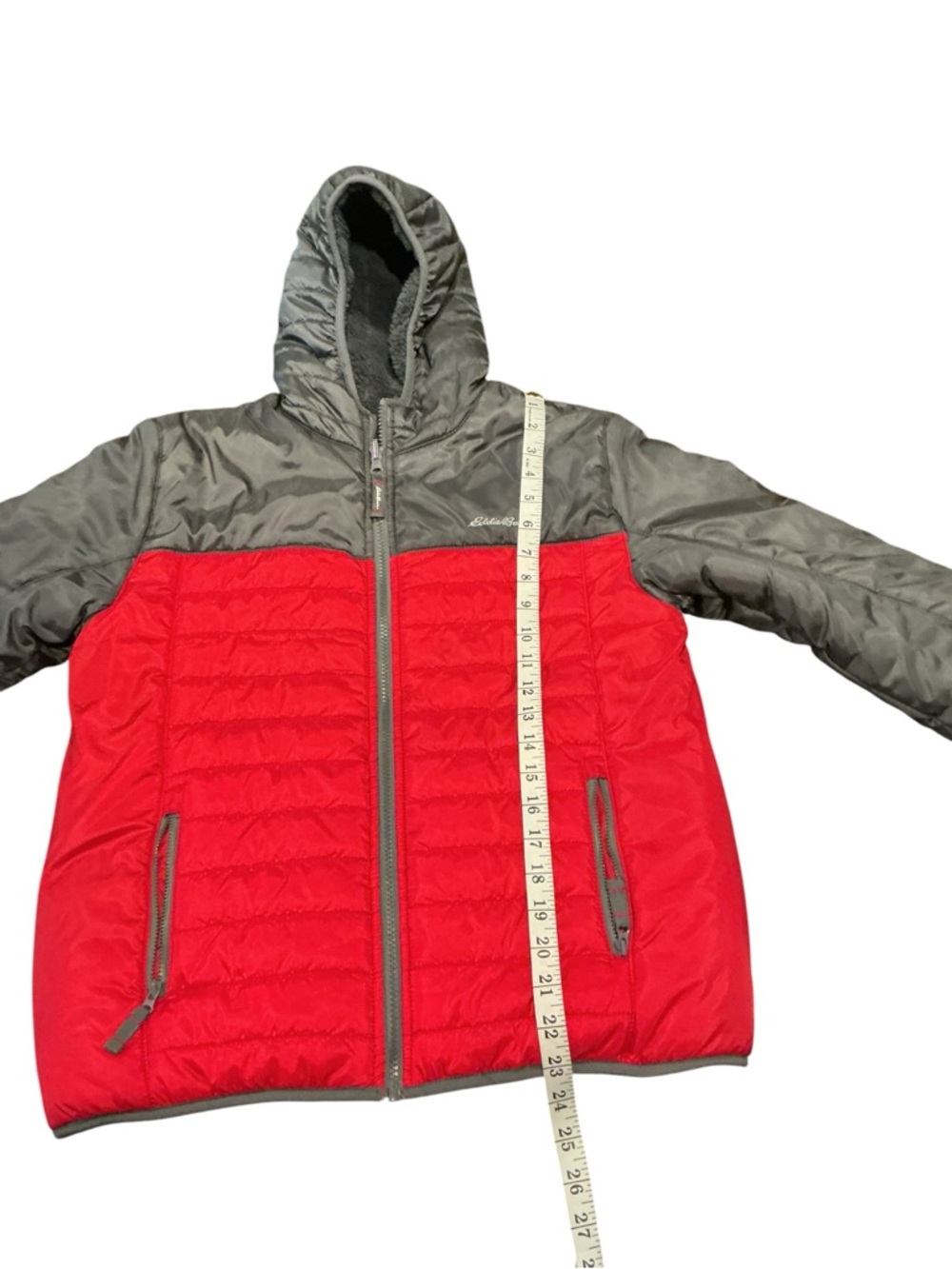 Eddie Bauer Kids Puffer Jacket Size L 14/16 Red Gray Hooded Warm Winter Coat - Picture 4 of 8
